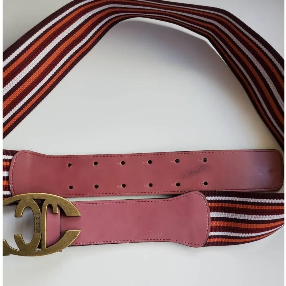 Just Cavalli Womens Adjustable Waist Belt Pink Orange Striped Logo Buckle S